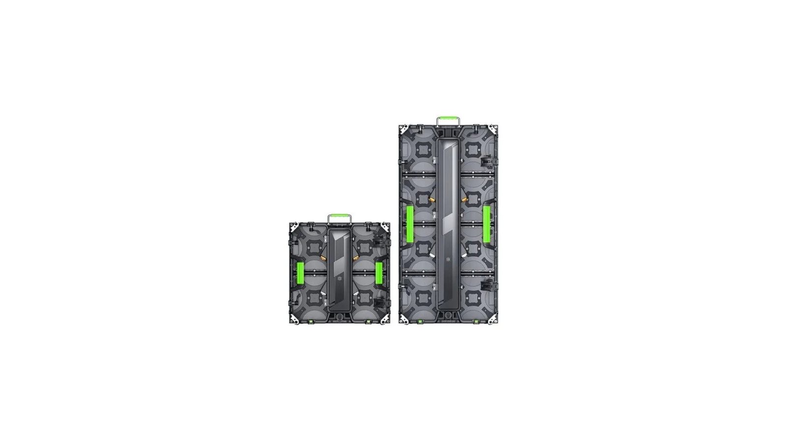 Rear view of two rental LED cabinets, 500x500 mm and 500x1000 mm, with quick locks