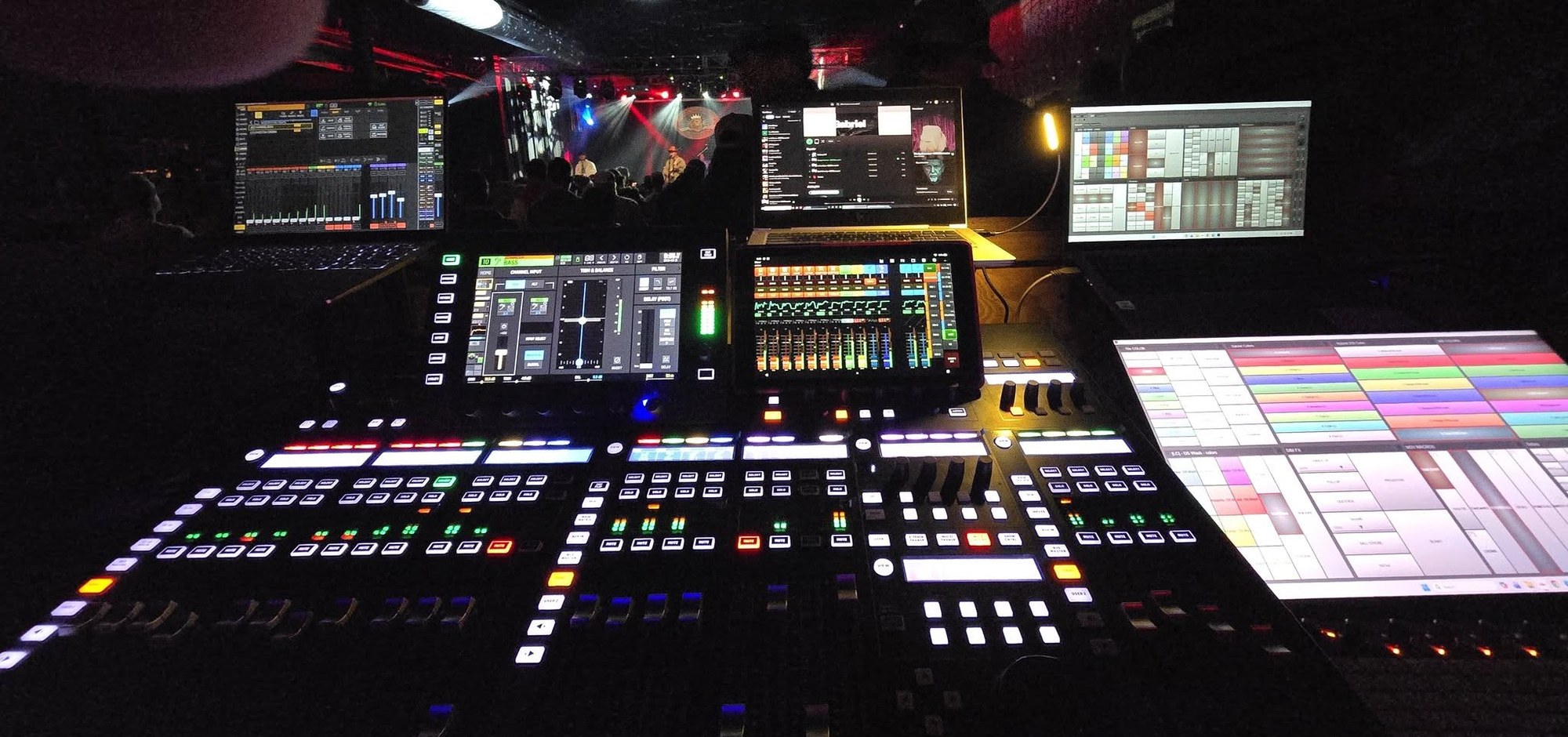 AV control room with video processors and signal equipment