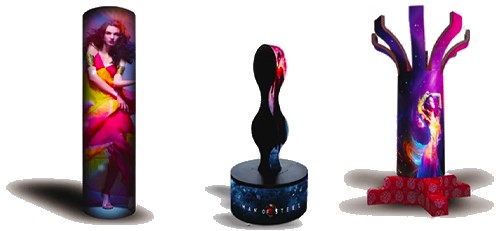 Cylindrical LED displays used as column and feature screens.
