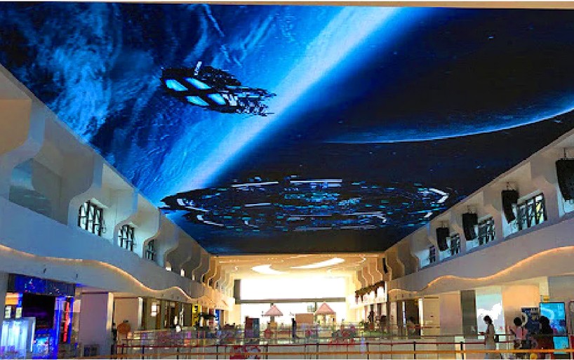 Atrium display installation viewed from multiple floors.