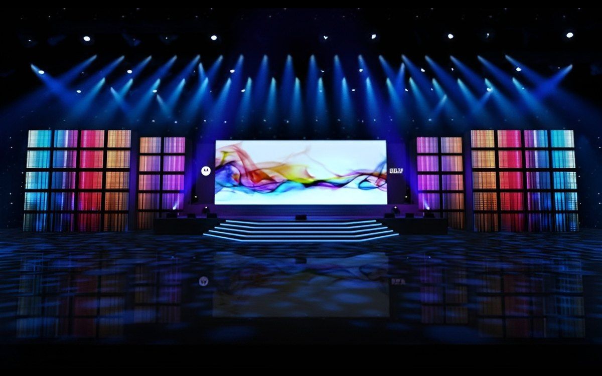 Large stage LED wall with symmetrical side panels