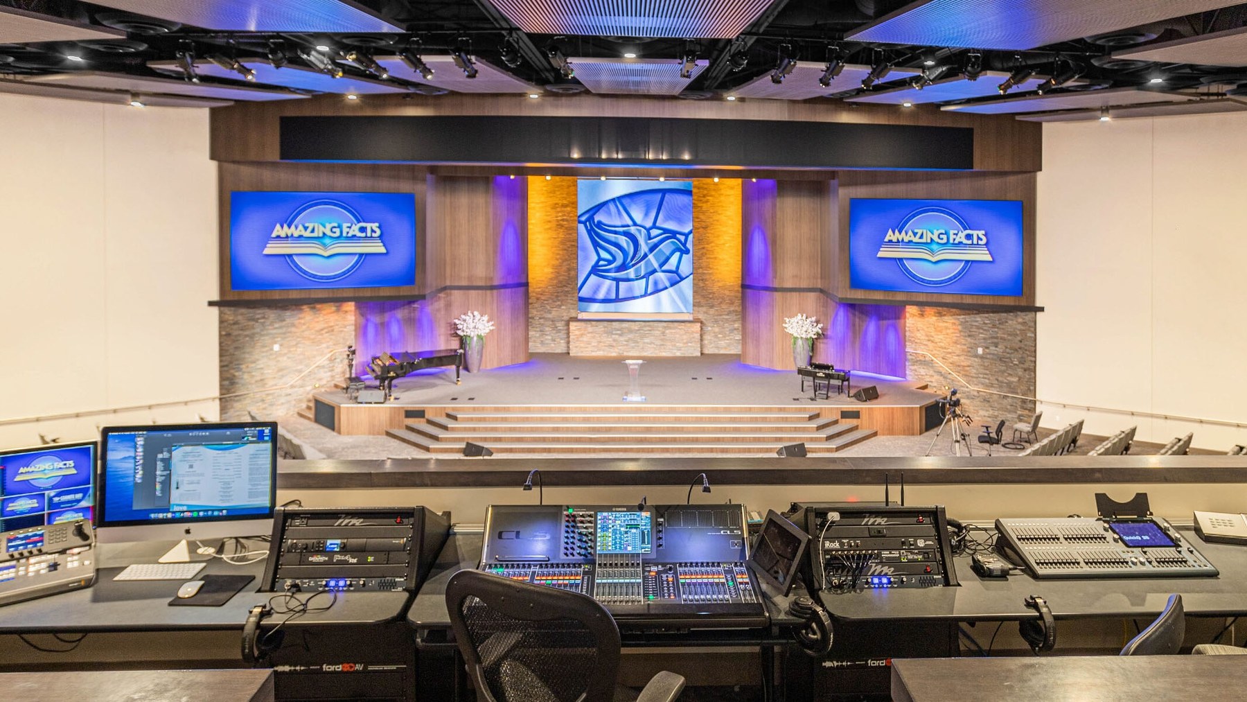 Worship display integration within the room architecture.
