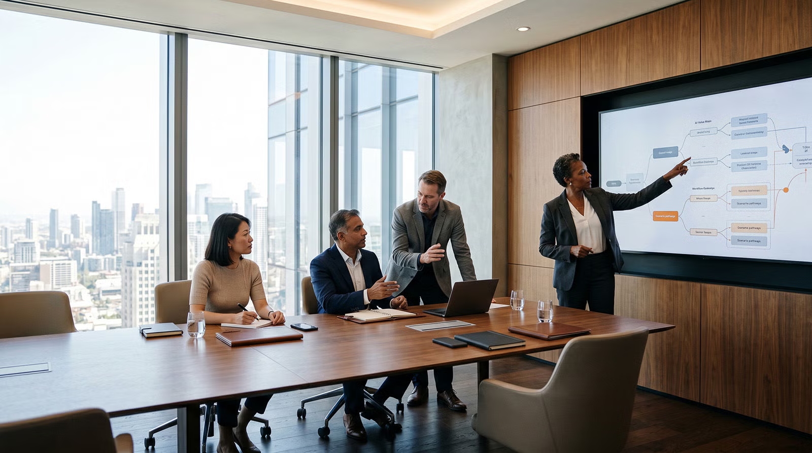 Meeting room LED display wall with presentation content.