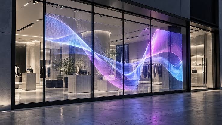 Transparent LED display behind storefront glazing, with the interior visible.